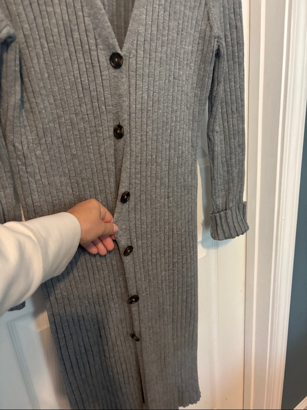 Long Ribbed Gray Button-Front Cardigan Sweater - Picture 3 of 6